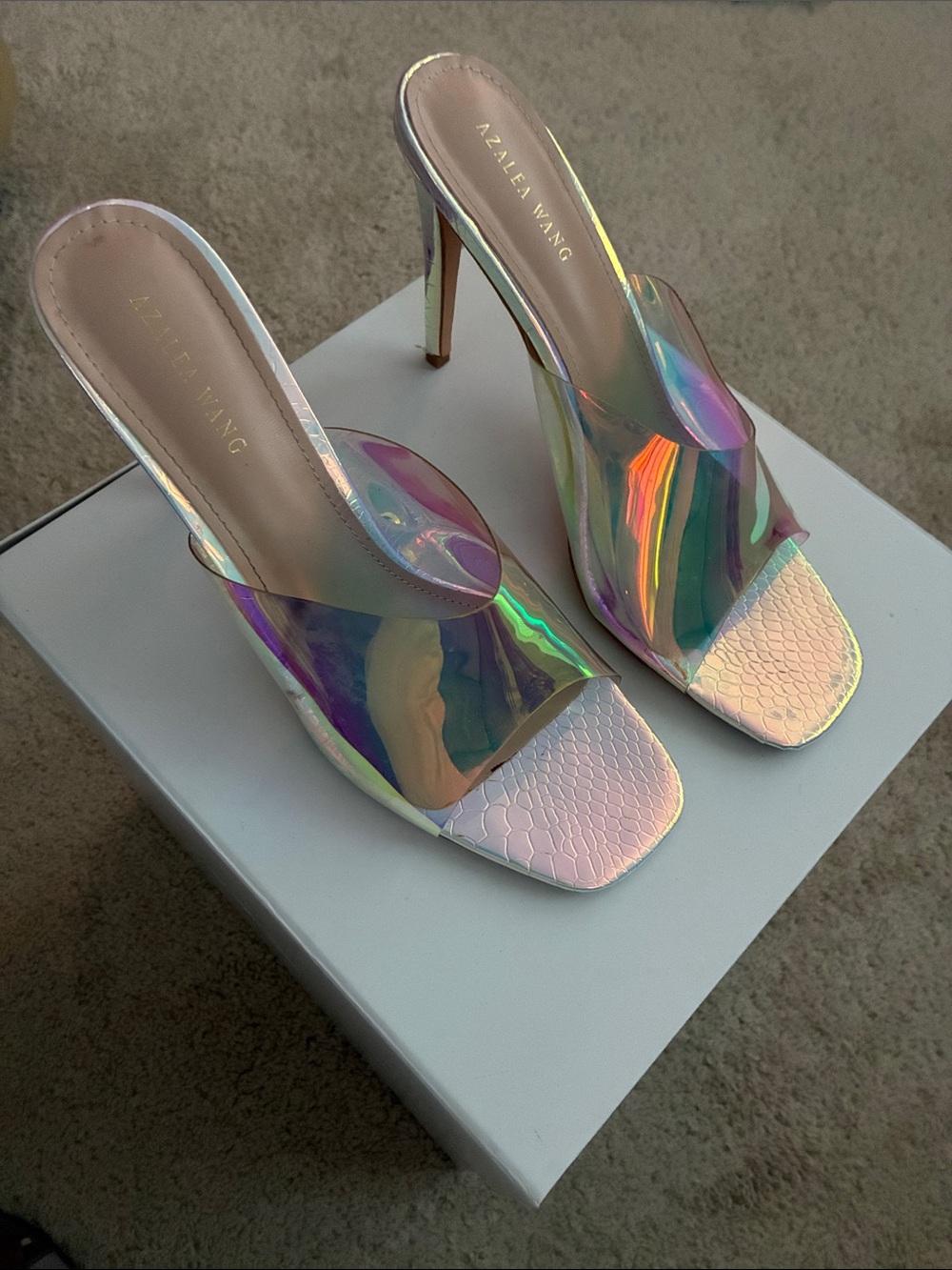 Azalea Wang Iridescent Slide Heels in Holographic Pink